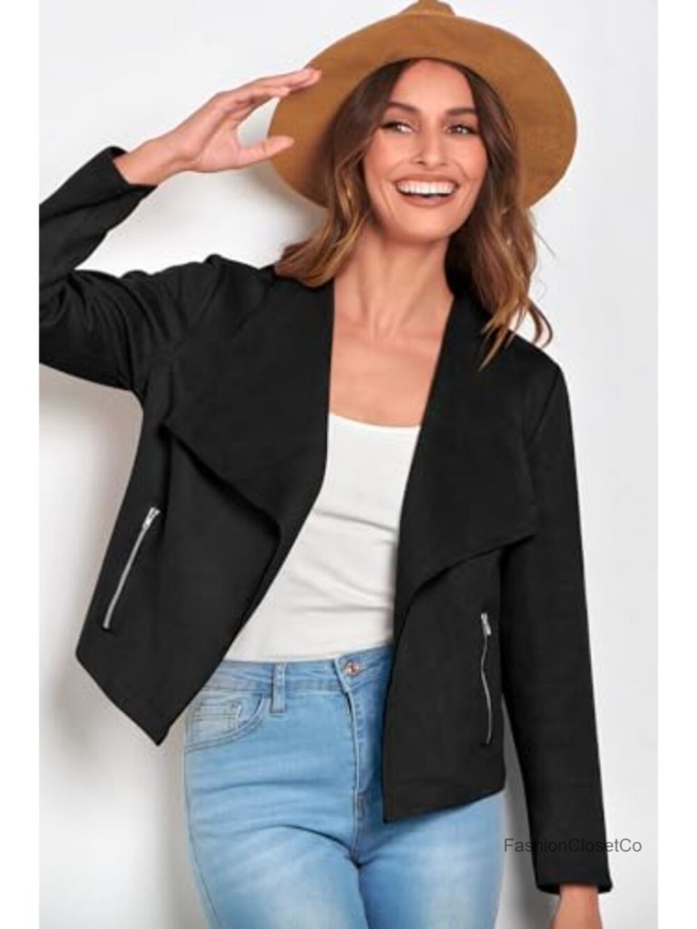 Faux Suede Cropped Jacket Waterfall Collar Open Front Zip Pockets Fall - Picture 4 of 6